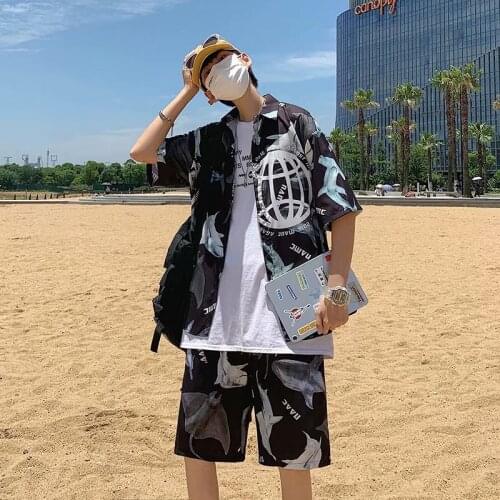 Summer Mens Sets Japan Fashion Tracksuit Men Hawaiian Shirts+Shorts 2 Piece Set Casual Men Clothing Hip Hop Harajuku Sets Men