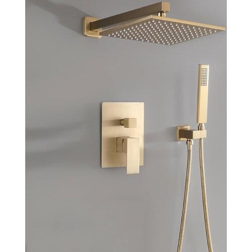 Bathroom Shower Set Brushed Gold Square Rainfall Shower Faucet Wall or Ceiling Wall Mounted Shower Mixer 10" Shower Head