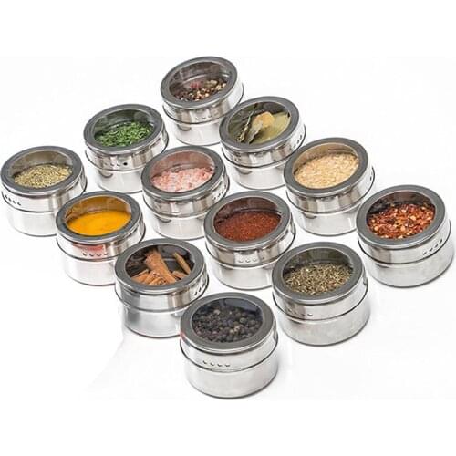 Magnetic Spice Jar Set With Sticker Stainless Steel Spice Tins Condiment Storage Container Pot Kitchen Tool Gadget