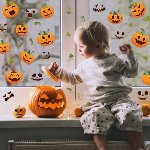 Halloween Wall Stickers Self-adhesive DIY Funny Pumpkin Expression Halloween Decoration Glass Window Stickers Kids Room Decor