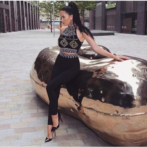 New Arrival Black Beading Bandage Set Fashion Halter Two Pieces Vintage Vestios