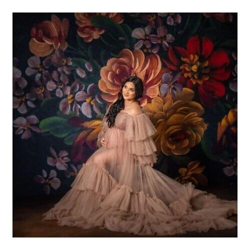 Charming Tulle Maternity Robes Boat Neck Cap Sleeves Tiered Ruffles Floor Length Photo Shoot Plus Size Pregnancy Gowns