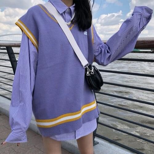 Autumn New Korean Chic Harajuku Vest Sweaters Women Fashion Preppy Style V Neck Sleeveless Striped Hit Color Knitwear for Girls