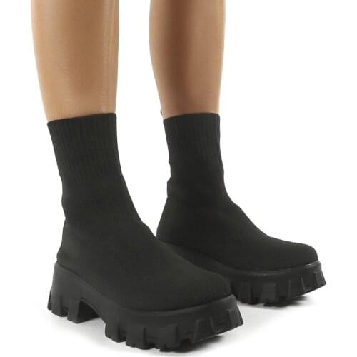 Autumn Winter Martin Boots Thick Platform Mid-heel Square Toe Casual Short Boots Womens Black Elastic Knitted Thin Socks Boots