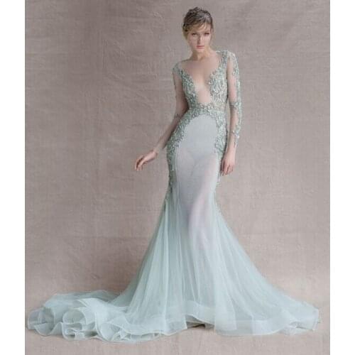 Lasted O-Neck Long Sleeve Paolo Sebastian Long Sleeve Transparent Mermaid Chapel Train Evening Gown mother of the bride dresses