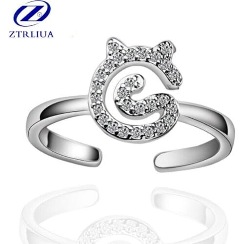 Temperament Popular 925 Sterling Silver Jewelry Fashion Simple Zircon Crystal Cute Cat Korean Opening Rings SR58