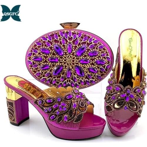 Purple New Fashion Wedding High Heeled Sandals Glitter Women Pumps Ladies Shoe and Bag Set High Heels with Matching Bag