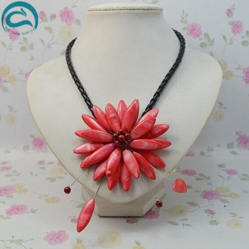 Unique Pearls jewellery Store Perfect Red Corals Shell Flower Leather Necklace Wedding Birthday Chirstmas Gift For Women