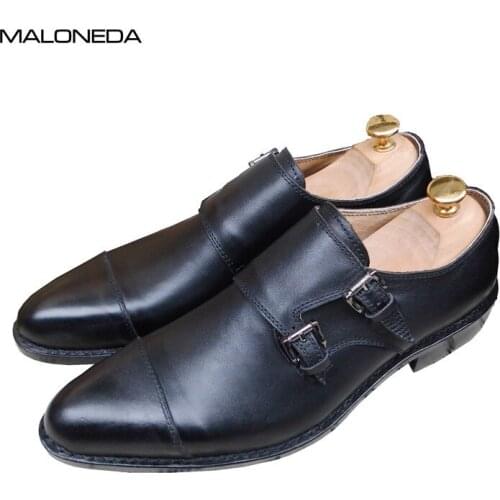 MALONEDA Pure Hand made Genuine Leather High-quality Double BuckleS Monk-strap Formal Dress Shoes Slip on With Goodyear Welted