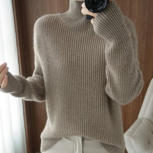 2021 new autumn and winter cashmere sweater womens high neck solid color vertical pattern loose and thin 100% wool knitted