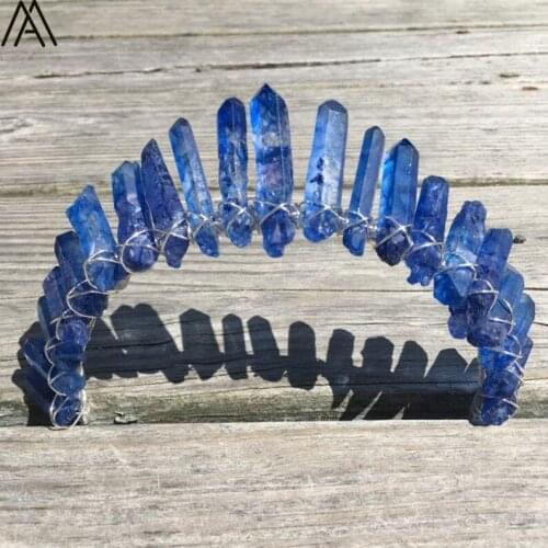 Silvery Wire Wrapped Dark Blue Quartz Spike Point Crown Headband For Women Crystal Tiara Headband Hair Accessories HG090AMCI