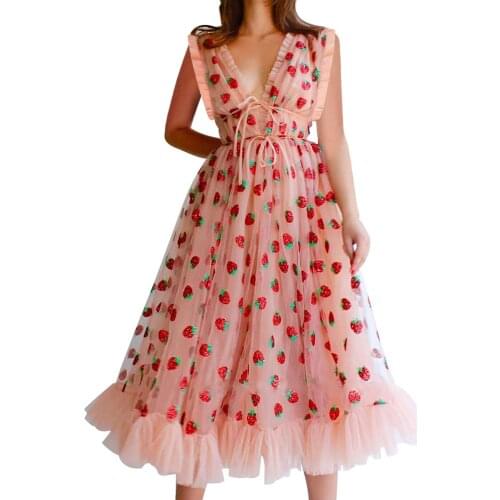 Strawberry Dress Women 2020 Sweet Pink Mesh Yarn Sexy V-Neck Lace Ruffle Splicing Long Dresses For Girls Summer ropa de mujer