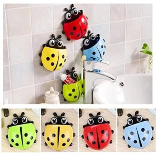 4pcs Creative Cartoon Ladybug Kids Wall Suction Cup Mount Toothbrush Toothpaste Holder Pencil Pen Container Box Plastic Storage