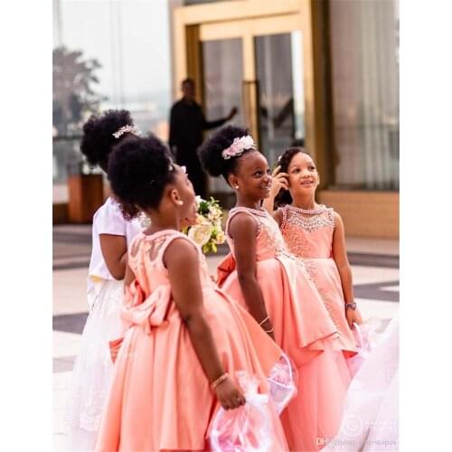 African Black Girl Lace Appliqied A-line Flower Girl Dress Blush Pink Princess Ball Gown Girl Formal Wedding Dress Pageant Party