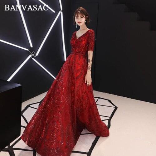 BANVASAC Deep V Neck Sequined Sash A Line Long Evening Dresses Party Lace Appliques Half Sleeve Backless Prom Gowns
