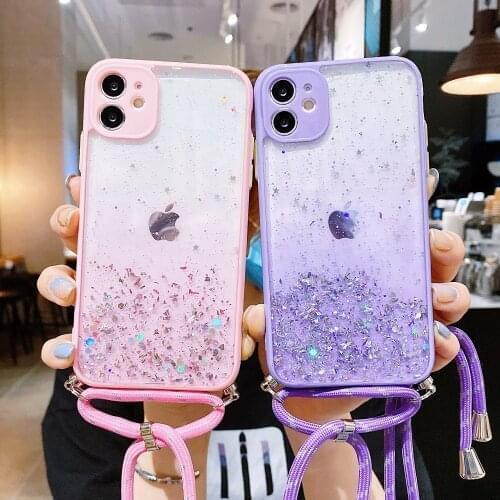 Glitter Lens Protection Phone Case For Samsung A21S A51 A71 A50 A01 A31 A11 A30S A10S A20S Core Soft Back Cover Lanyard Coque