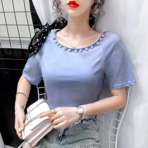 Blusas O-Neck Solid Women Tops Blouse Summer Loose Shirt Women 2021 Short Sleeve Korean Beaded Bow Slim Chemisier Femme 10263