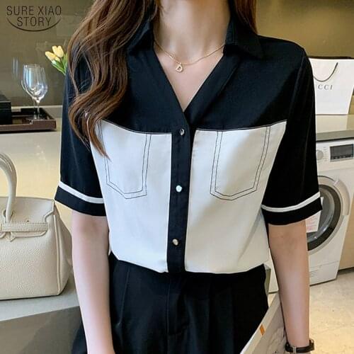 Vintage Single Breasted Women Blouse 2021 Summer Patchwork Short Sleeve Women Shirts V Neck Plus Size Female Clothing 14249