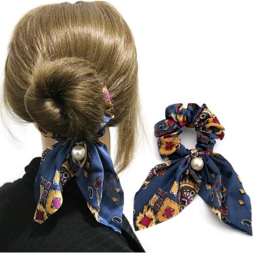 Bohemian Chiffon Bowknot Hair Scrunchie Elastic Hair Rubber Band For Women Girls Pearl Headwear Ponytail Holder Hair Accessories