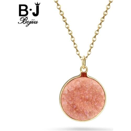 Bojiu Natural Druzy Stone Pendant Chain Necklace For Women Fashion Simple Girl Beautiful Quartz Gold Color Copper Chain NKS052