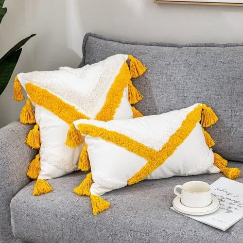 Yellow Embroidered Pillow Cover Moroccan Handmade Tassel Cushion Pillow Bed Headrest Cushion Cover Sofa Home Decoration Backrest