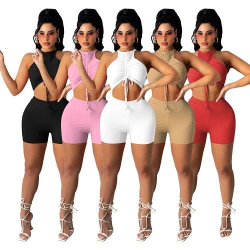 Ribbed Stretch Crop Tank Top Pleated Stacked Drawsting Top Shorts Set Two Piece Set Tracksuit Work Out Jogger Suit