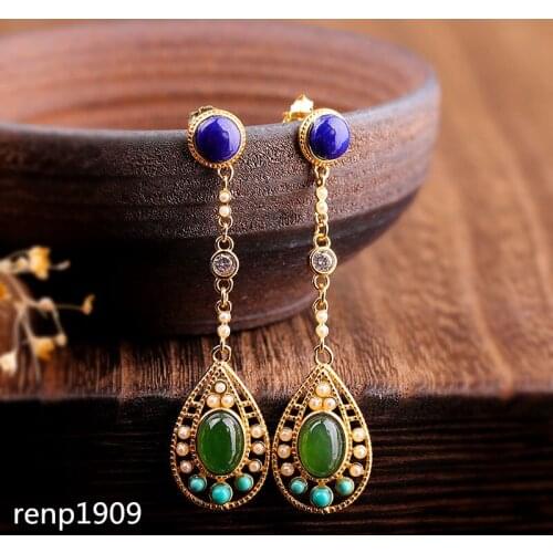 KJJEAXCMY boutique jewelry S925 sterling silver earrings autumn clothing wild Hetian jasper gold-plated earrings