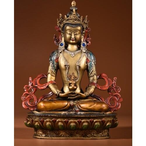 9"Chinese temple collection Old Bronze Painted Immortal life Longevity Buddha Sitting Buddha Ornaments Town House Exorcism