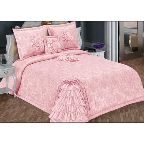 Rose Decorated Bed Cover Set 4 Pcs Flower Beige Tulle Ruffle Coverlet Bedspread Bedding Set