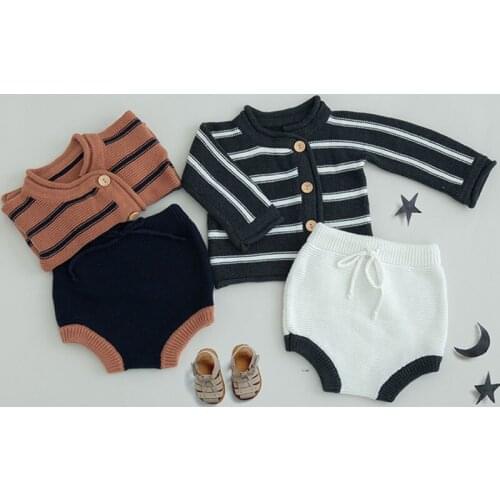 Baby Sets Knitted Cotton Baby Boy Shorts Cardigans Sweater Suit With Side Button Stripes 2 Piece Set Toddler Girl Knit Clothes