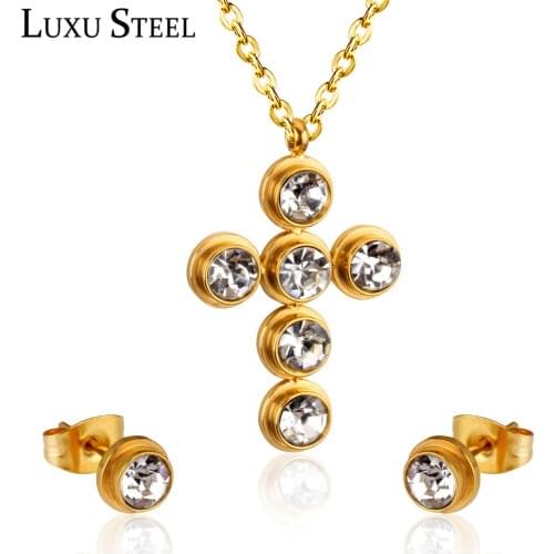 LUXUSTEEL wedding jewelry Cross Earrings Sets Stainless Steel CZ Pendant Necklace femininas Chains Necklaces 2020 Babygirl