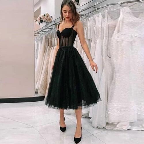 Tea Length Little Black Evening Dress with Illusion Bodice