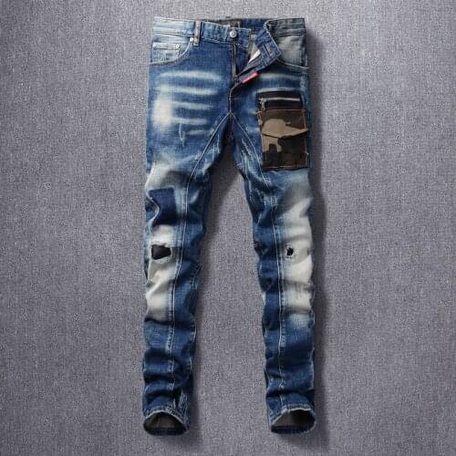 Italian Style Fashion Men Jeans Retro Blue Camouflage Pocket Designer Slim Ripped Jeans Men Streetwear Hip Hop Denim Punk Pants