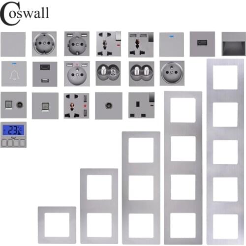 COSWALL S08 Series Silver Stainless Steel Vertical Panel Grey Wall Switch EU French Socket USB HDMI-compatible TV RJ45 Module