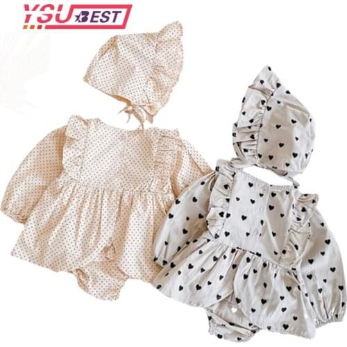 Baby Girls Clothes Autumn Baby Bodysuit Long Sleeve Newborn Baby Clothes Heart Print Bodysuit and Hat Pure Cotton Baby Outfit