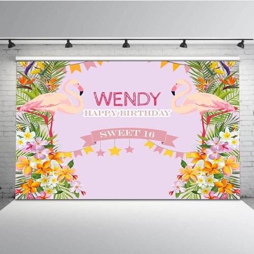 Custom Flamingo flower leaves Happy Birthday star flag backdrop Vinyl cloth High quality Computer print party background