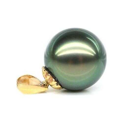 Stunning 10-11mm tahitian round black pearl pendant 14K Gold