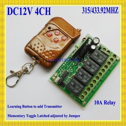 DC 12V 4 CH Relay RF Remote Control Switch 4 way Receiver Transmitter 315/433.92MHz Wireless Switch for Remote ON OFF Power