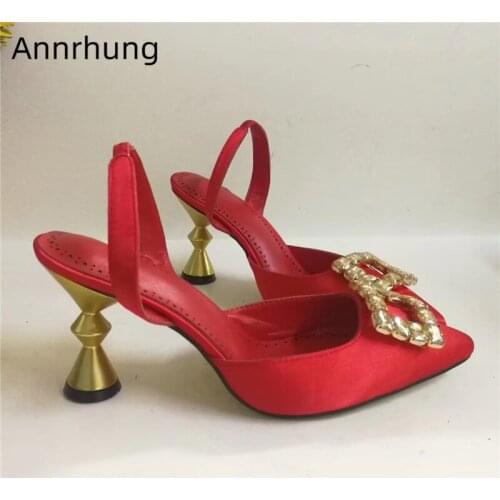 Crystal Square Buckle Decor Sandals Women Unique Metal Funnel Heel Sexy Pointed Toe Back Strap Satin Party Shoes Woman