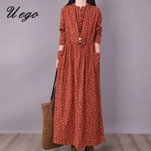 Uego Autumn Dress Print Floral Prairie Chic Vintage Chinese Dress Pockets Cotton Linen Plus Size Women Spring Long Casual Dress
