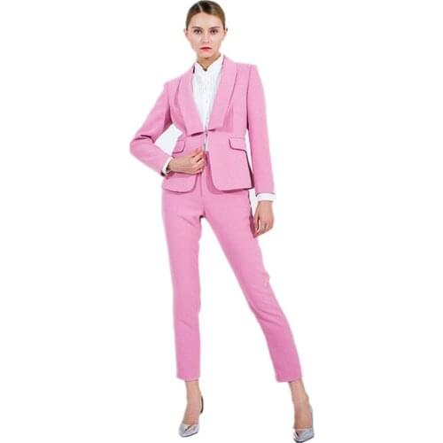 Red Pink Women Elegant Pant Suits OL Formal Work Wear 2 Piece Set Blazer Female Office Uniform Slim Fit Ladies Trouser Suit