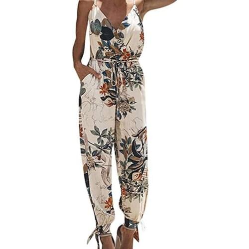 Women Summer Sexy Backless Casual Deep-V Floral Print Strappy Jumpsuits Romper