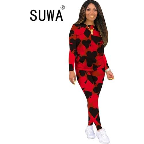 Sportwear Poker Car Print Women Clothing Sets Two Piece Set Long Sleeve Tee Tops Pants Suit Tracksuit Matching Set Casual Outfit