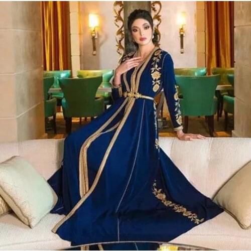 Royal Blue Satin Gold Embroidery Moroccan Caftan Long Sleeve Muslim Evening Dresses Dubai Formal Party Gowns Robe De Soiree