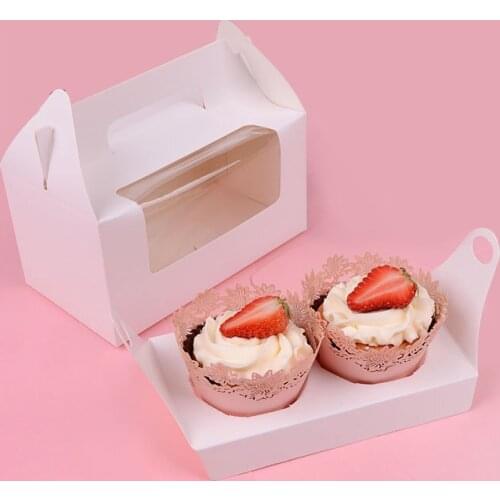 100X 2Holes Handheld Muffin Cake Boxes,Cupcakes Boxes for Wedding Festive,Party Christmas Gift Box,White window cake packing box