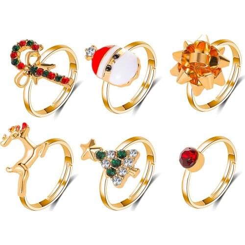 6 pcs/set Christmas Rings Cute Deer Elk Santa Tree Open Ring Santa Claus Decor Ring Women Girls Party Jewelry Christmas Gift