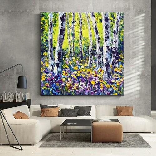 Abstract Landscape Oil Painting On Canvas Handmade Birch Tree Flowers Living Room Bedroom Interior Decoration Wall Art Picture