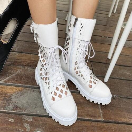 Genuine Leather Hollow Out Fashion Women Boots Buckle Lace Up Mid Calf Boots Low Heel Martin Boots White Solid Shoes