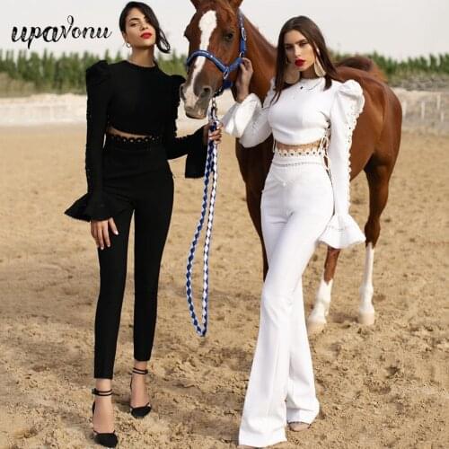 Free Shipping Elegant Ladies Bandage Pants Set 2021 New Style Horn Long Sleeve Hollow Lace Up Top & Pencil Pants 2 Piece Sets