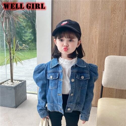 Korean Style Girls Jeans Jacket Baby Girl Spring and Autumn Puff Sleeve Short Denim Single Breasted Coat Toddler Kids 1 to 8 yrs